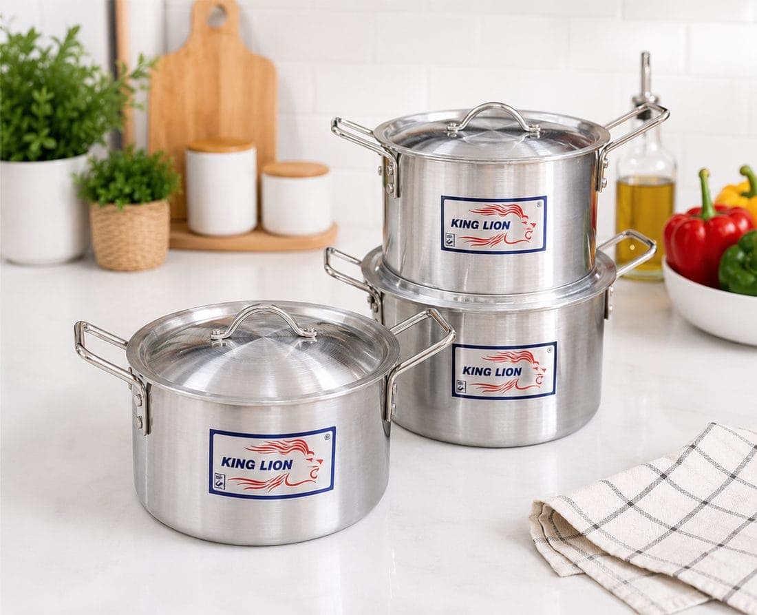 3pc Chrome Hi Casserole Set with Lids: 22cm-5L, 24cm- 7L, 26cm- 9L